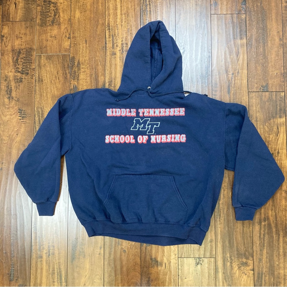 MTSU Adult Hoodie “School Of Nursing” Blue Middle Tennessee Jerzees Size XL